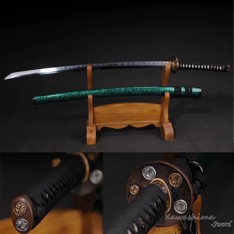 Samurai Sword ручная работа катана сложенная сталь полностью Tang глянцевые зеленые