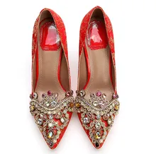 Rhinestone China Style Red Wedding Shoes Women Exquisite High Heel Pumps High Quality Silk Embroidery Bride Shoes