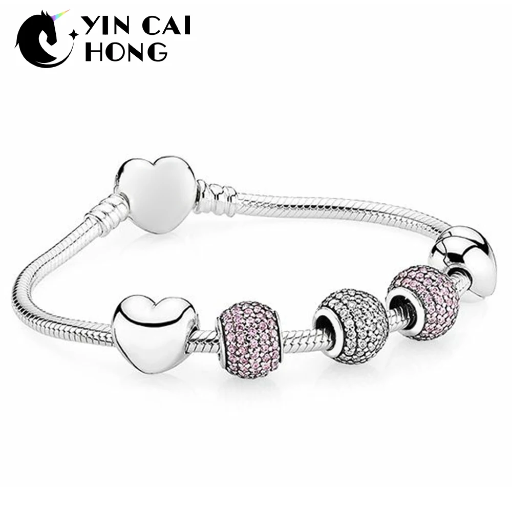 

YCH 100% 925 Sterling Silver 1:1 PAVE BALL CHARM Beaded Bracelet with Heart-shaped Clasp Festival Day Gift Set Jewelry