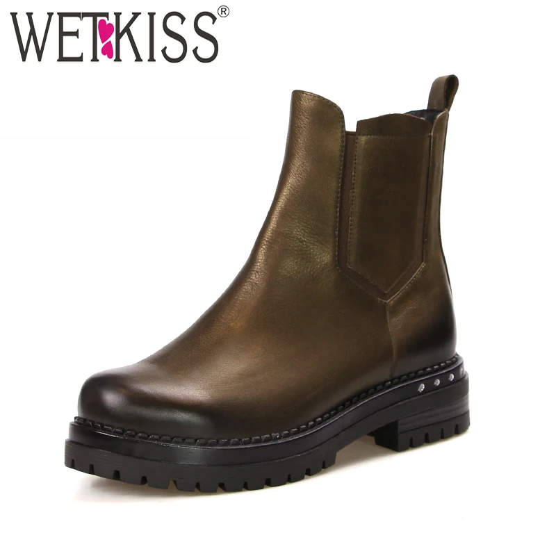 

WETKISS Winter 2018 Ankle Boots Round Toe Platform Bootie Warm Thick Heels Female Shoes Motorcycle Genuine Leather Footwear
