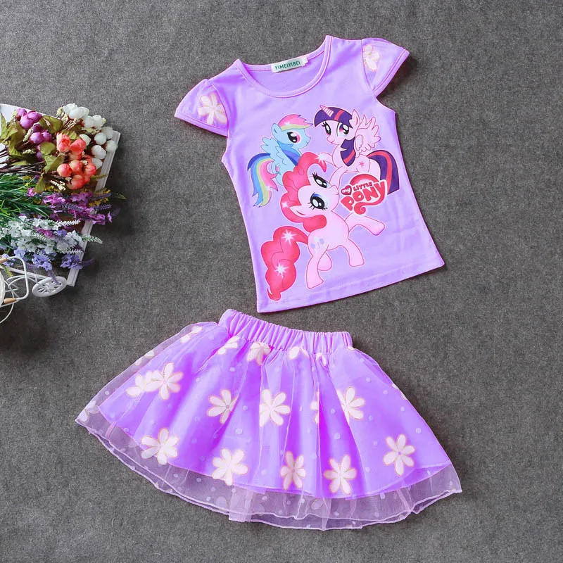2018 новые Zomer Kinderkleding комплекты маленькая футболка с изображением пони + Туту Rok 2 stks