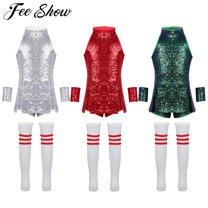 

Fashion Child Girls Hip-hop Jazz Stage Dance Costume Street Dancing Shiny Sequins Tank Top with Shorts Socks Set Kids Dance Wear