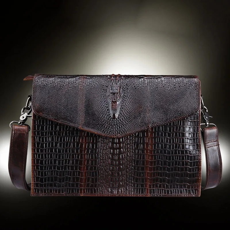 

Men's Vintage First layer Cowhide Genuine Leather Cross Body Shoulder Messenger Retro Belt Buckle Bag Crocodile Grain Pattern