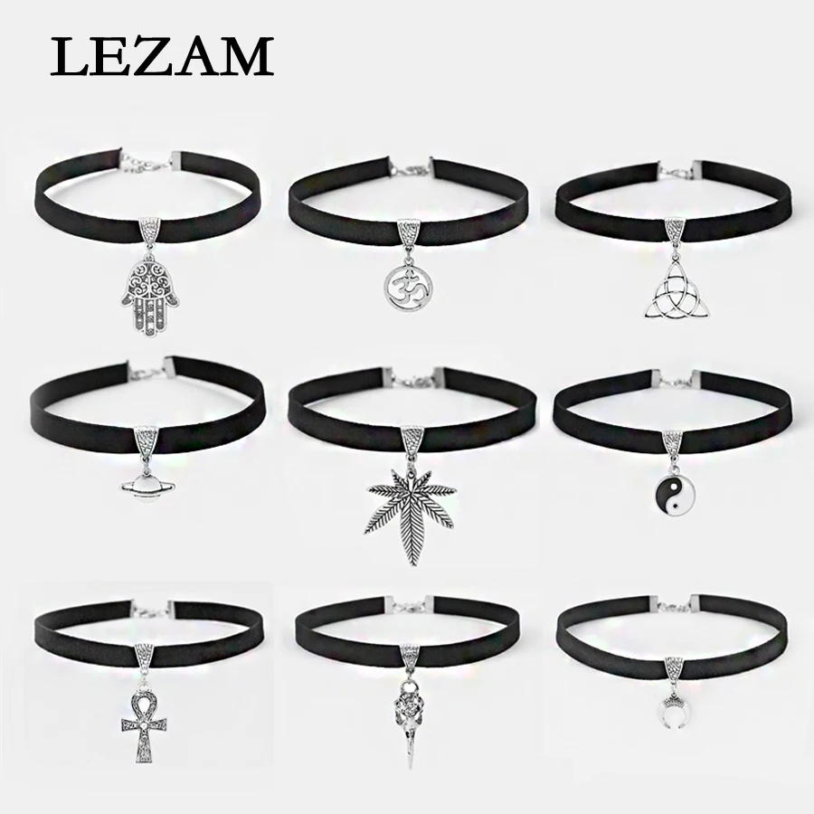 

1pcs Black 10mm Flat Faux Suede Cord Skull Bird Palm Hemp Leaf Moon Yoga Knot Horn Egyptian Cross Charm 13" Choker Necklace