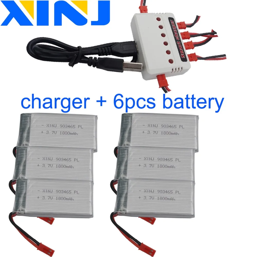 

XINJ Charger+6pcs 3.7V 1800 mAh 25C Lithium Polymer battery JST XH 2.54mm plug for YX693-1 YX709-1 JJRC A6 Toys RC Drone 903465