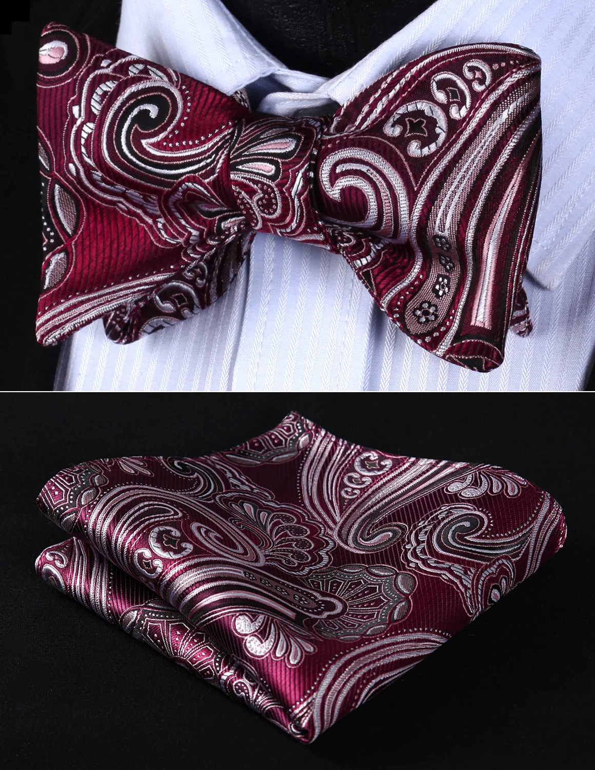  BP923US Burgundy Gray Paisley Bowtie Men Silk Self Bow Tie handkerchief set