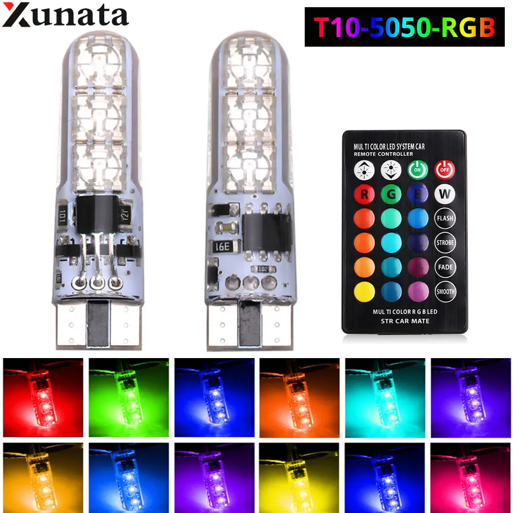 

A Pair 12V T10 Universal Car Lights LED Bulbs RGB 194 168 501 Strobe Led Lamp Atmosphere Lamp Reading Lights With Remote Control