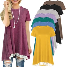 AN.ORIGIN 2019 summer new women solid color short-sleeved T-shirt round neck stitching lace T-shirt loose plus size T-shirt sky blue self tied design color stitching t shirt