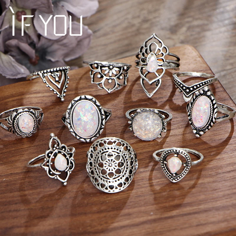 IF YOU Vintage Stone Opal Rings Set Bohemian Geometric Antique Silver Color Knuckle Shield Rings For Women Jewelry