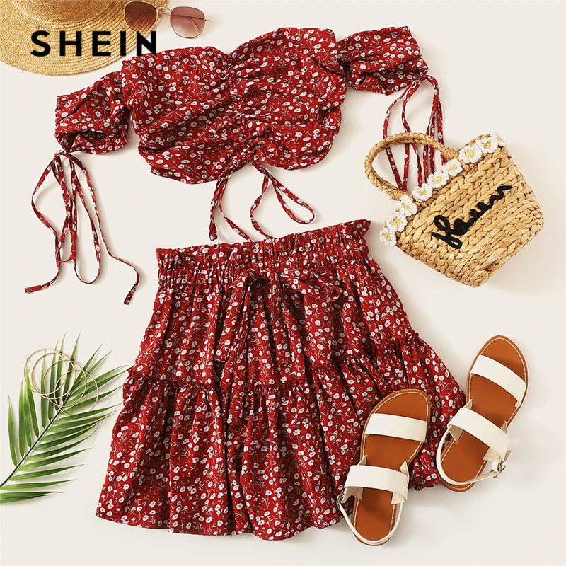 Shein Boho Ruched Front Shirred Crop Top And Ditsy Floral Skirt