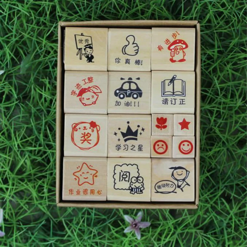 

15Pcs/Set Chinese English Word Wood Stamps Cartoon Pattern Teacher Comments Encourage Rubber Stamp Unique Gift for Kids