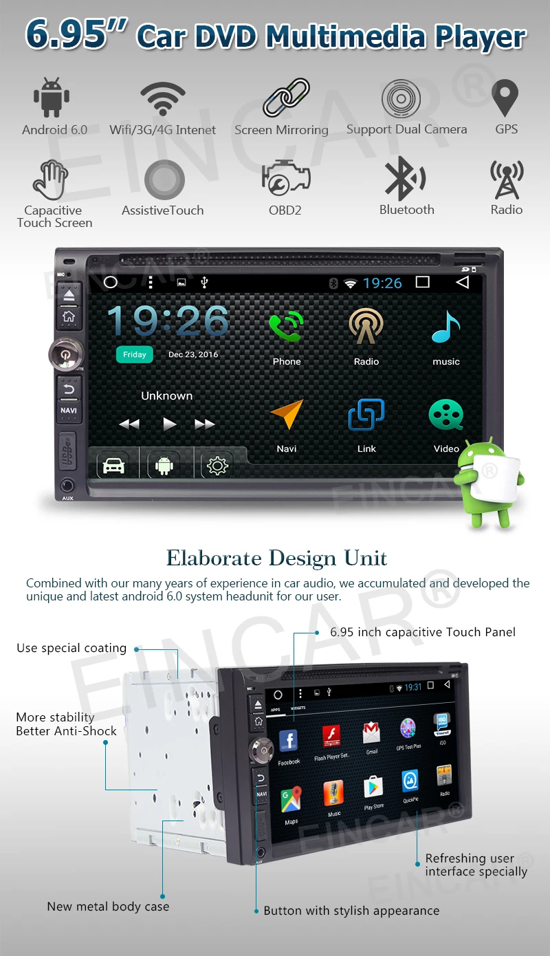 Excellent Car DVD radio audio Navigation player Android 6.0 WIFI Double Din 6.95inch LCD 0
