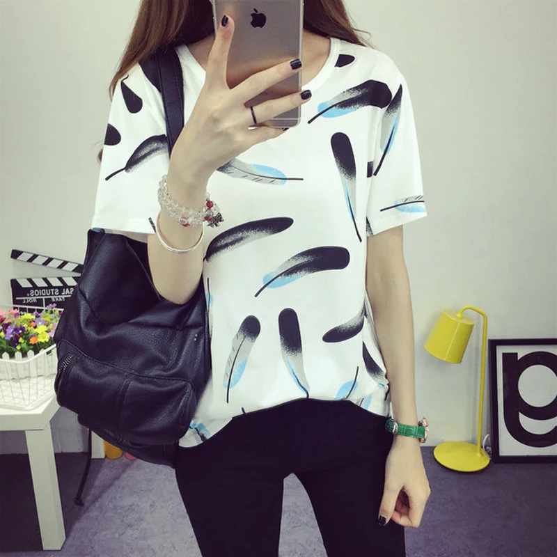 

Feathers Print Summer T shirt Women Cotton Tshirt Clothes Chemise Femme Tops Loose Casual Top Fashion Korean Clothes M L XL XXL