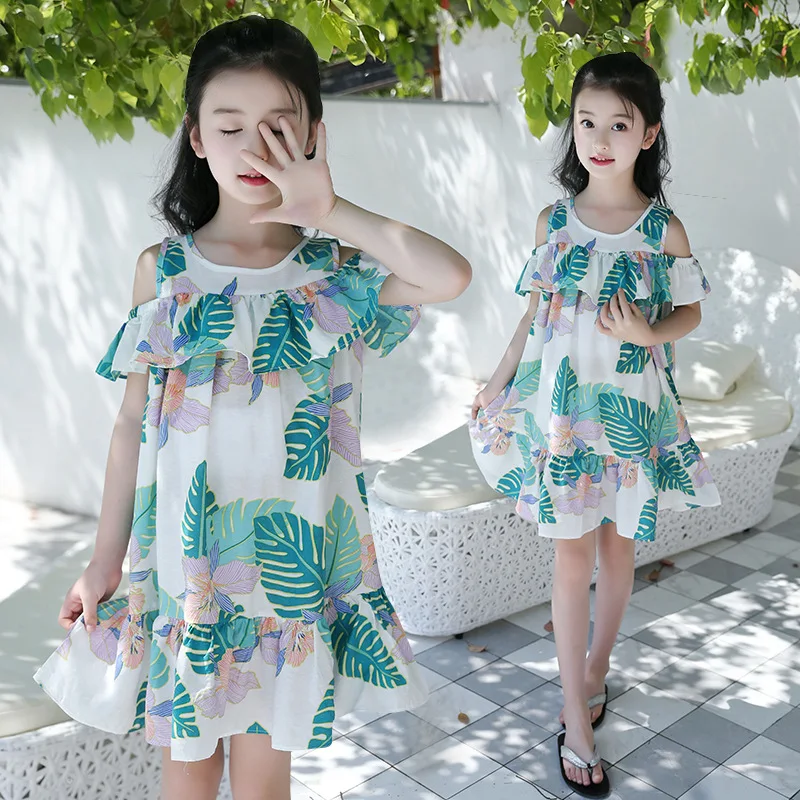 

children's Dresses Off Shoulder Fashion Costume Kids Floral Dress Frocks Summer Girl Party Tutu Beach Dress 4 9 12 Years