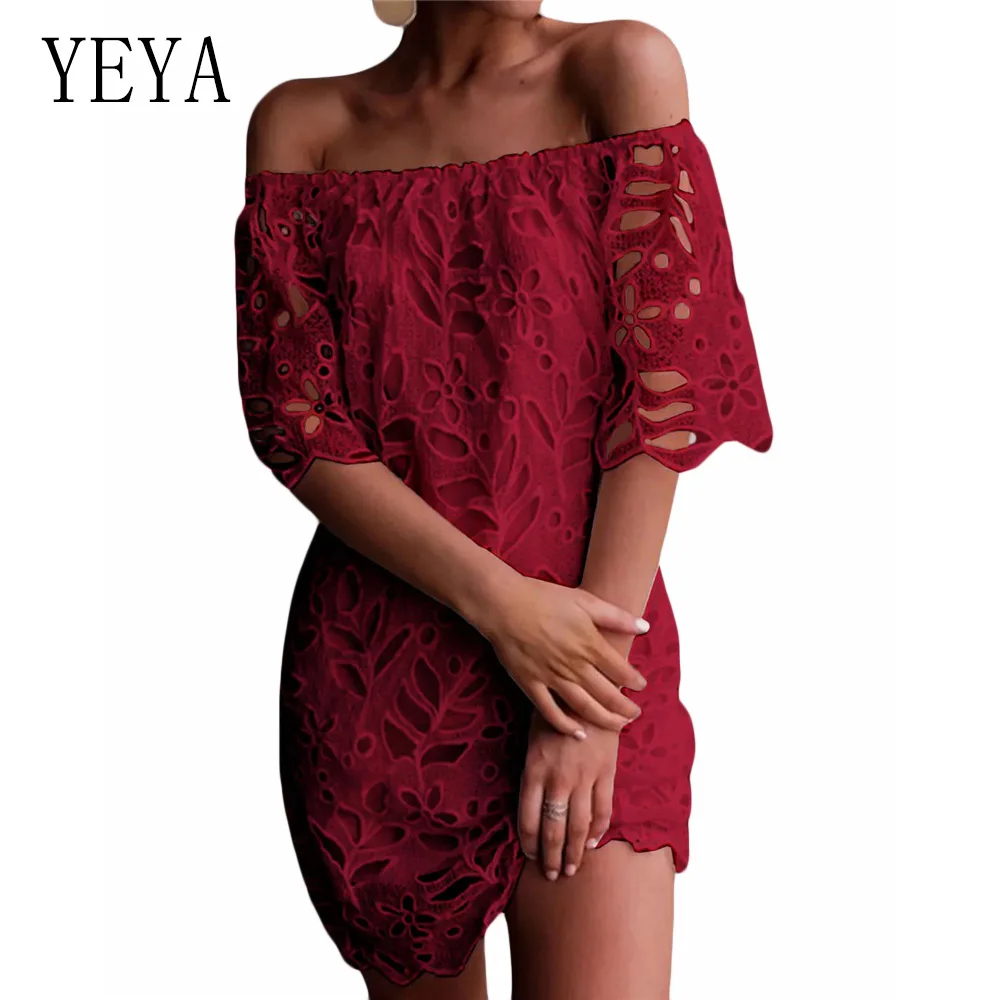

YEYA Fashion Summer Hollow Out Vintage Lace Dress Elegant Skinny Women Off Shoulder Short Sleeve Slash Neck Mini Dress Vestidos