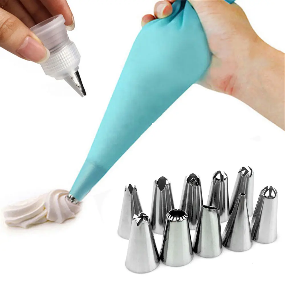 

12 PCS/SET Silicone DIY Icing Piping Cream Pastry Bags +10X Nozzle Set Cake Decorating Tool