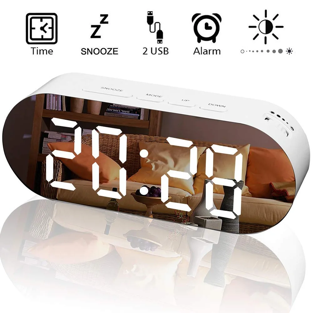

Dimmer LED Clock Mirror Travel Clock Snooze Alarm Clock Digital Table Clock Bedroom Wake Up Light With Dual USB Charger Cable