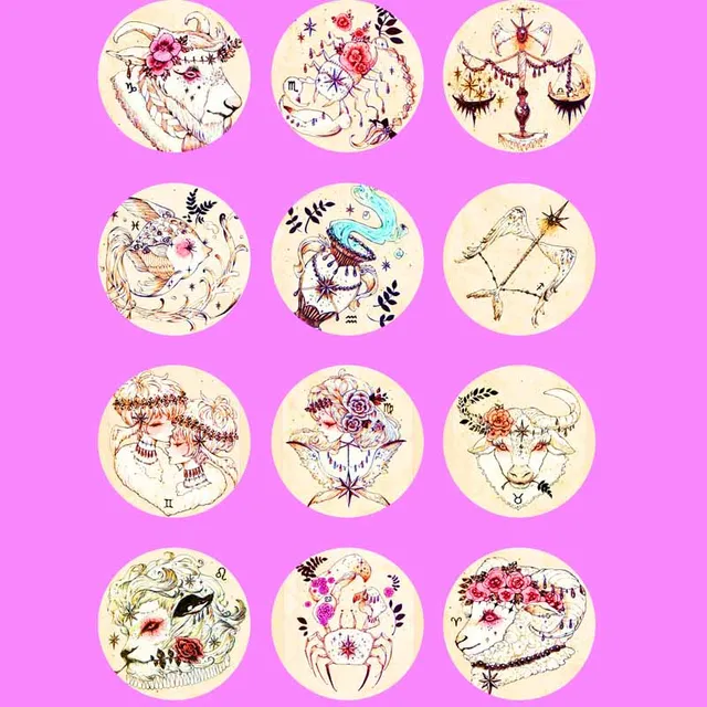 10mm 14mm 16mm 12mm 20mm 25mm 393 12pcs/lot Zodiac Mix Round Glass Cabochons Jewelry Findings 18mm Snap Button Charm Bracelet 2