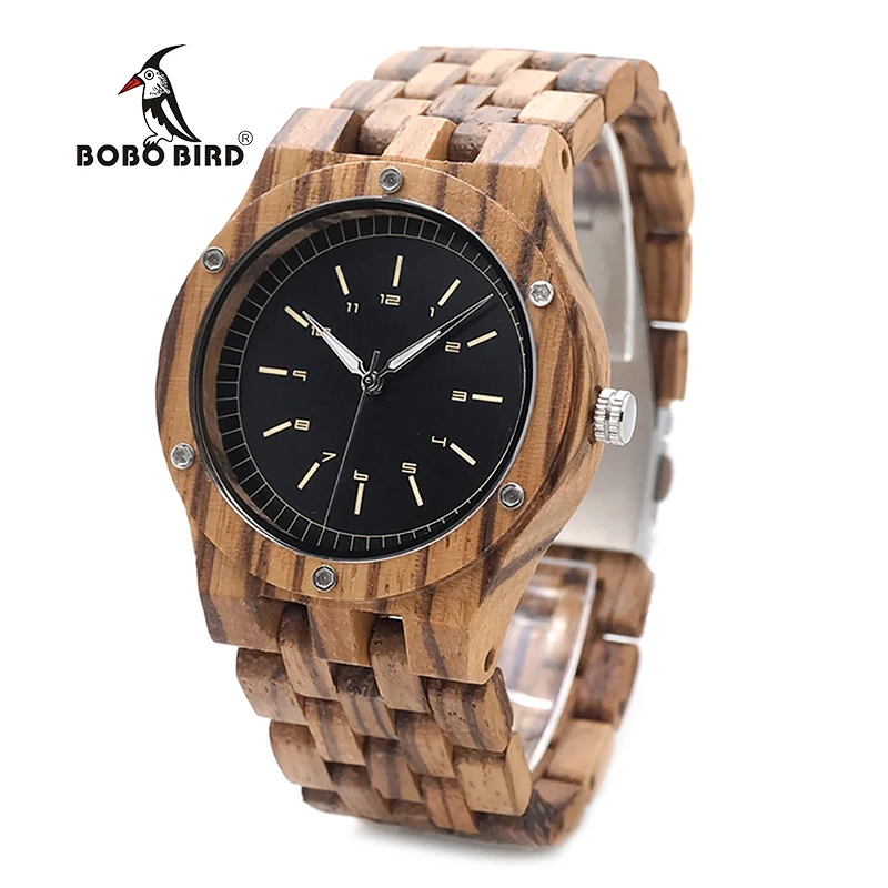 BOBO BIRD WN12 Wooden Watches Mens Brand Luxury Zebra Wood Band Quartz Watch in Wooden Gift Box