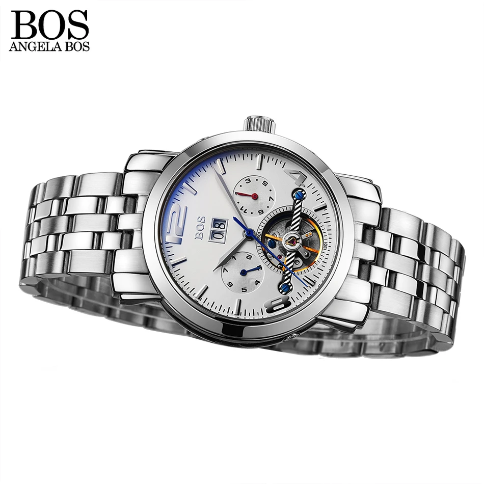 ANGELA BOS Stainless Steel Skeleton Automatic Mechanical Watch Men Date