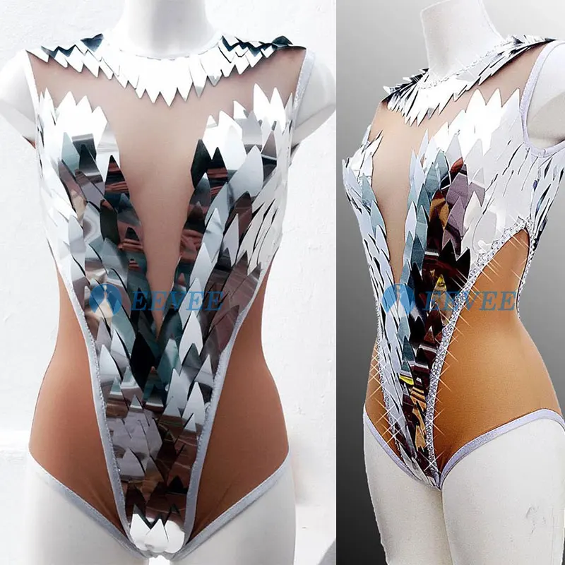 

Glisten Sequins Silver Rhinestones Bodysuit Sleeveless Nude Women's Party Prom Bar Outfit Stage Female Singer Show Romper