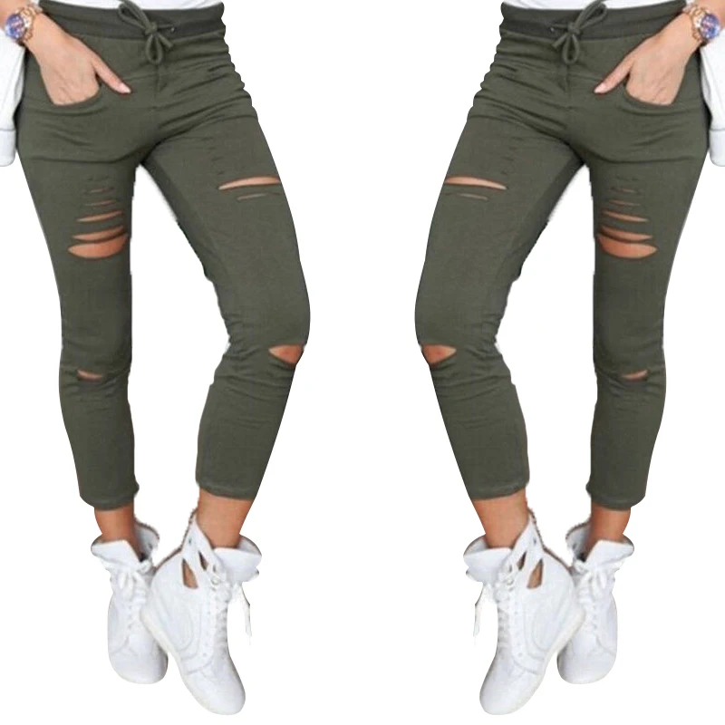

2018 new plus size women leggings high waist 95% cotton elastic belt pencil pants hole Hollow solid cotton nine feet pants women