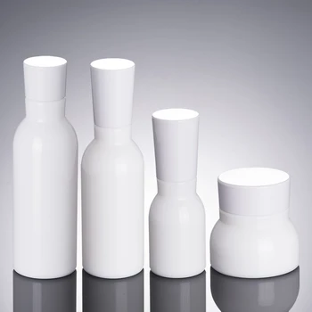 

100Pcs (120ml+40ml) White Glass Cream Bottle with white lid Press pump glass bottle Empty cosmetic bottle Essence pump Bottles