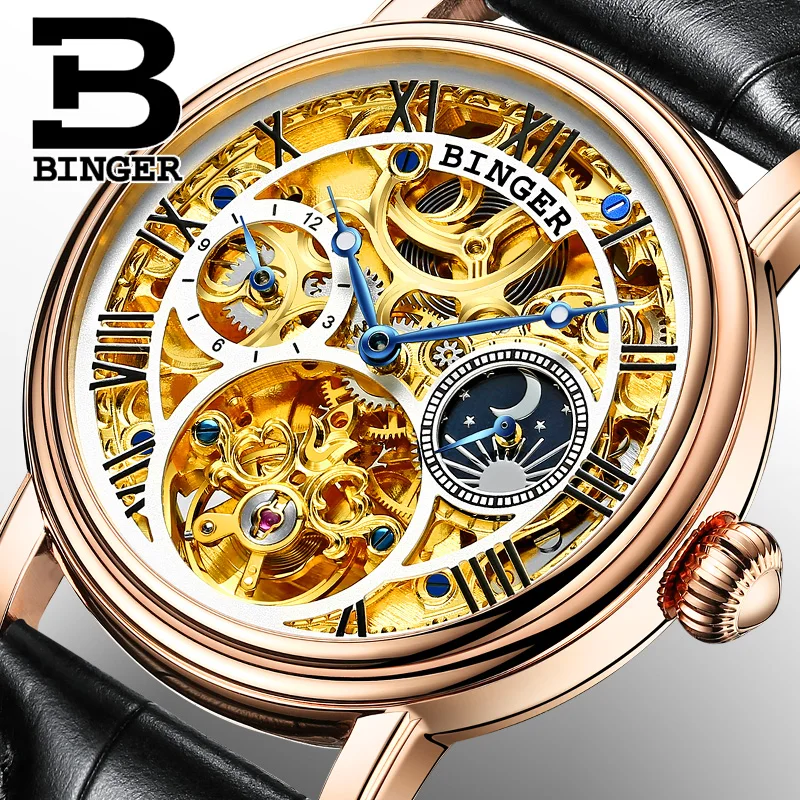

Switzerland BINGER Mens Watches Top Brand Luxury Skeleton Tourbillon Relogio Masculino water resistant Mechanical Wristwatches