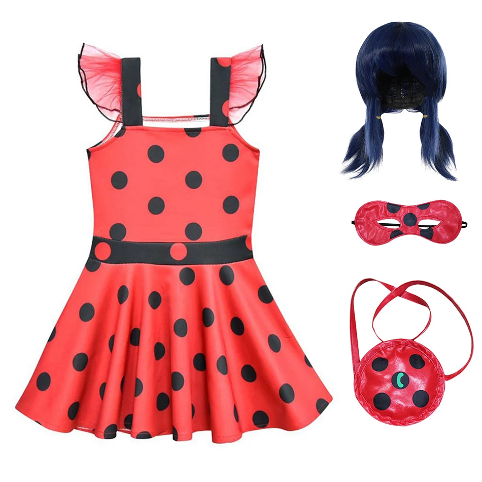 

Girs Ladybug Costumes Summer Dress Kids Cosplay Cartoon Clothing Red Dot Swimsuit Child Lady Bug Jumpsuit Mask&bag Wig Fancy