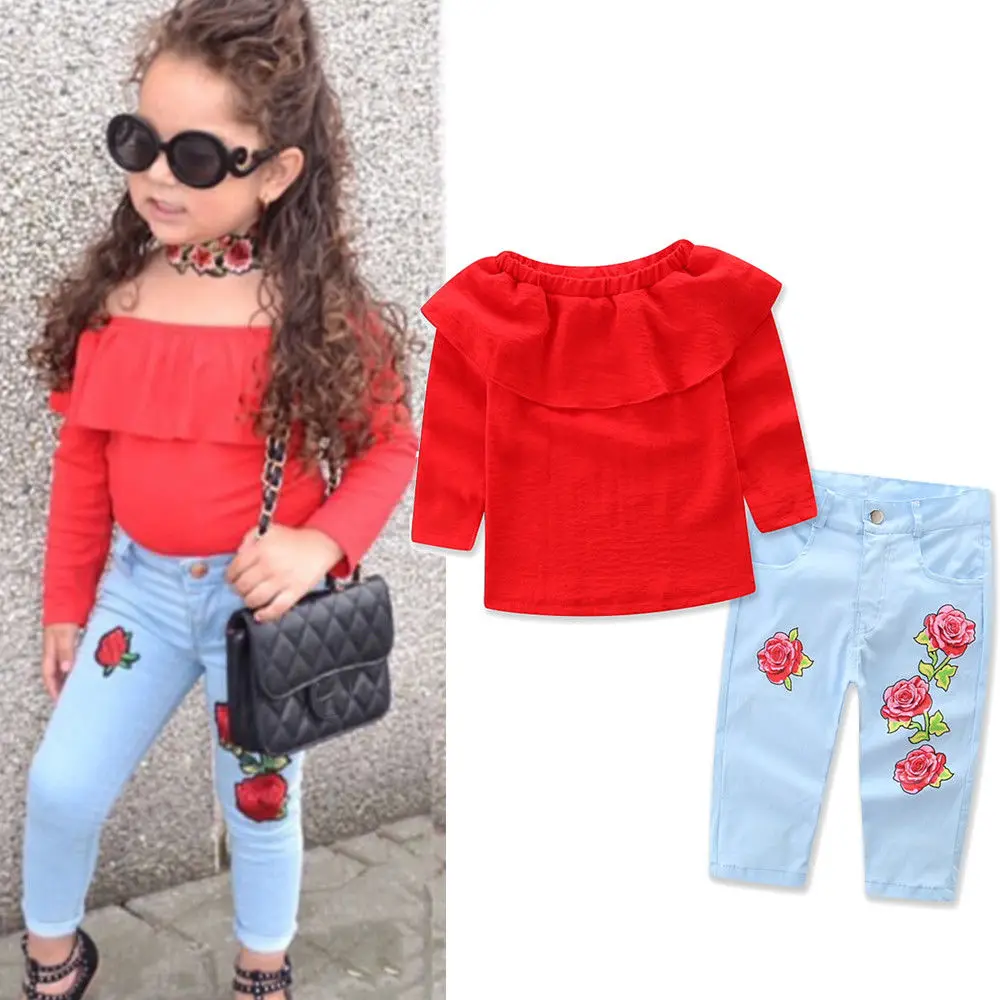 

2019 New arrival Hot Floral Kids Baby Girl Autumn Fall Long Sleeve T-Shirt Tops Blouse+Denim Jeans Pants Clothes Outfits Set