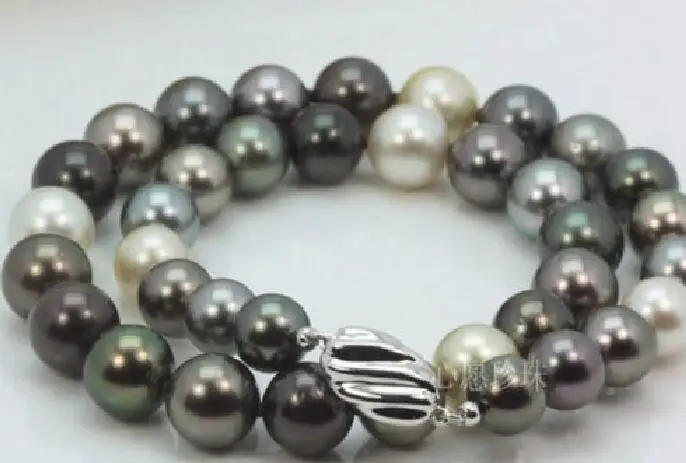 

18"10-11mmMM freshwater BLACK GREEN MULTICOLOR PEARL NECKLACE 925silver