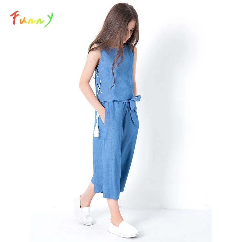 

Solid Two-piece Girls Outfits Sleeveless Tops Belted Wide Leg Pants Casual Teen Girls Clothing Set 2019 Summer Kids Clothes