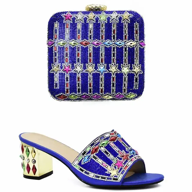 

Latest Royal blue Matching Italian Shoe and Bag Set Decorated with Rhinestone Nigerian Wedding Shoes and Bag Set African