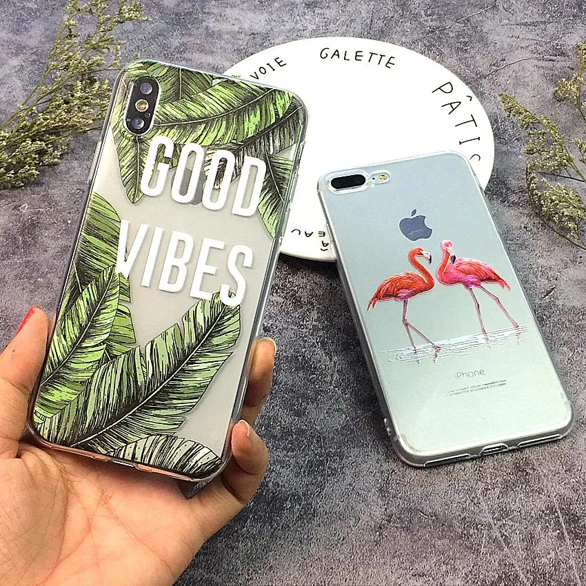 Flamingos Phone Cases For iPhone 7 8 Plus Case X XS Max XR Leaf Soft Cover 6 6S 5 5S SE Capa | Мобильные телефоны и