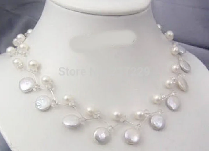 

HOT## Wholesale price FREE SHIPPING^^^Elegant Button & Round White Pearl 18KWGP Link Clasp Necklace