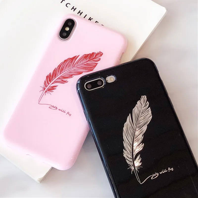 Luxury Glossy Pink Gold Feather Patterned Silicone Case For iPhone 6 6S 7 8 Plus X XS MAX XR Cartoon Soft TPU Couples Back Cover