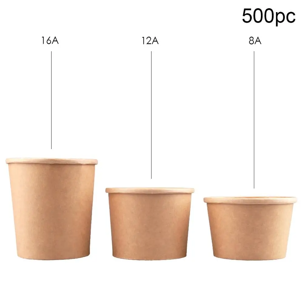 

HanLin 500pc Disposable food container Five-star cattle jam Kraft paper soup bucket, 8A 12A 16A,Kraft cap, plastic cap