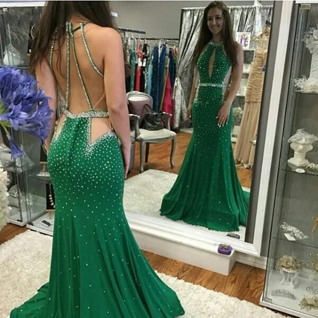 

New 2017 Green Chiffon Beaded Mermaid Long Evening dresses Sleeveless Backless Prom Dress Vestido de noche Robe de soiree longue