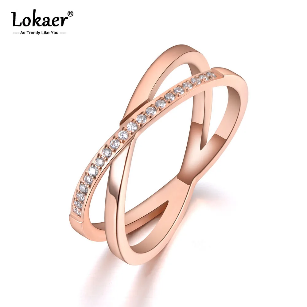 

Lokaer Trendy Stainless Steel X Cross Shape Anniversary Ring Rose Gold Mosaic CZ Crystal Wedding Rings Jewelry For Women R19079