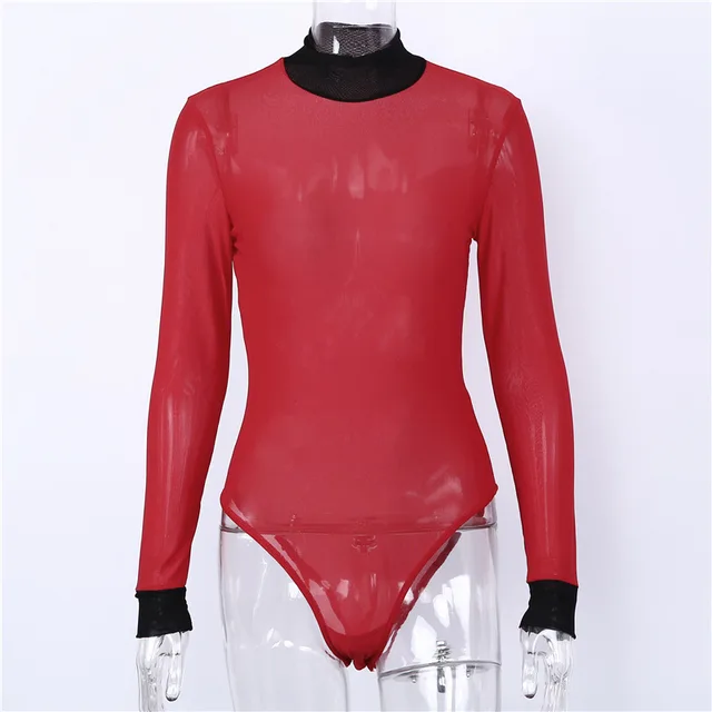 2018 Turtleneck Mesh Bodysuit Female Red Long Sleeve Sexy Bodysuit Rompers Womens Jumpsuit Slim
