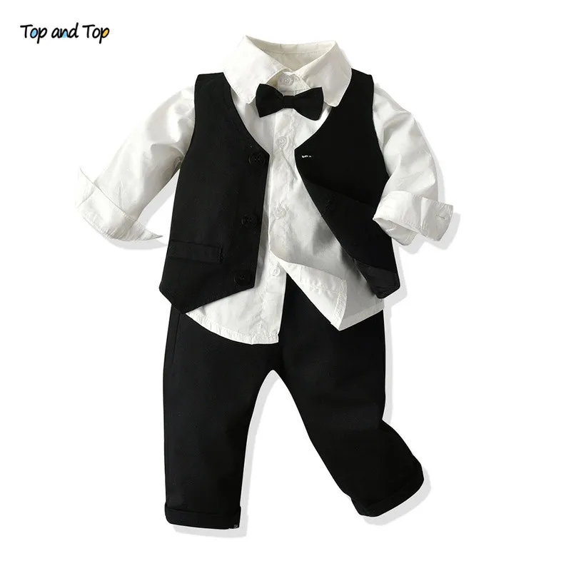 

Top and Top Fashion Kids Boy Formal Clothes Set Long Sleeve White Bowtie Shirt+Vest+Pants 3 Pcs Suit Baby Boy Gentleman Outfit