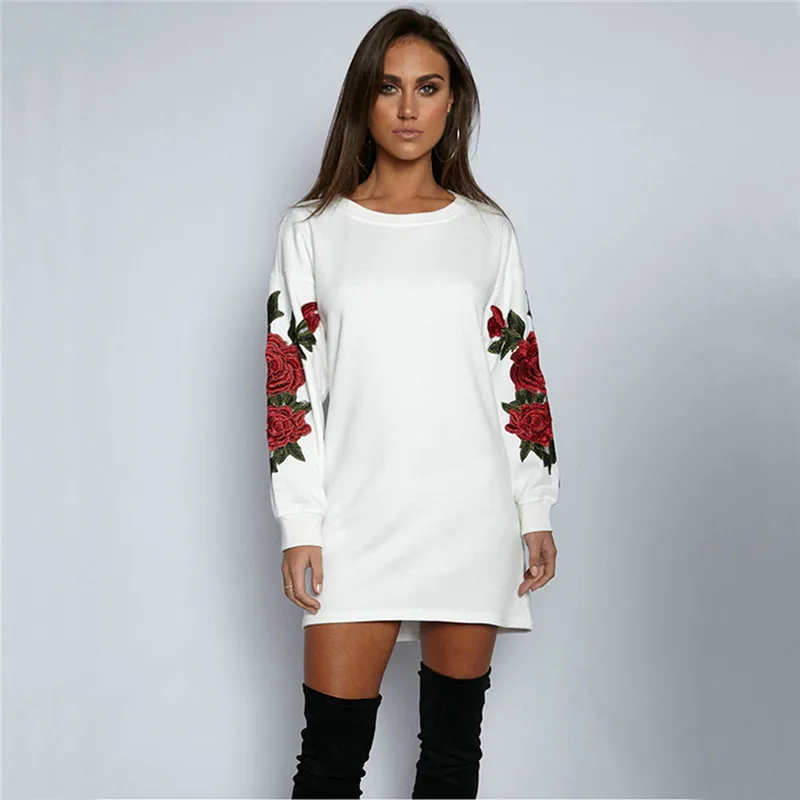 Осенние женские пуловеры размера плюс S-5XL с длинным рукавом и цветочной вышивкой, черные и белые толстовки с капюшоном KH826470
