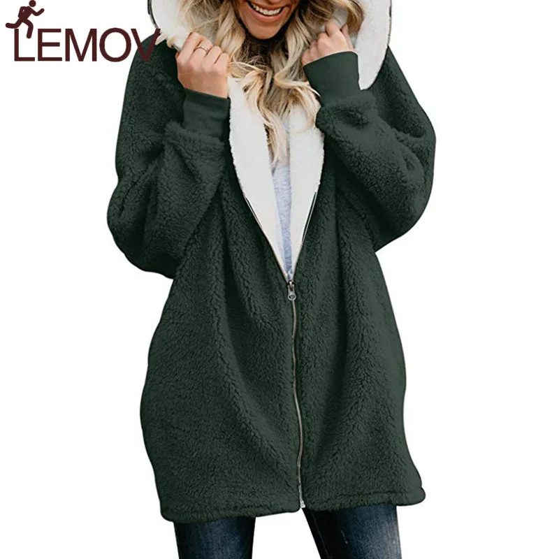  New Women Hoodies Zipper Girl Winter Loose Fluffy Hoodie Hooded Jacket Long Warm Outerwear Coat Cut