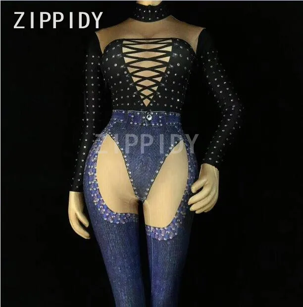 Bandage Party Bodysuits Rhinestones Singer Nightclub Stretch Printed Black piece Clothes Color One Prom Jeans Outfit Pic Female Jumpsuit P7q7Hd