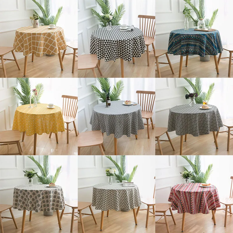 

Round Geometric Series Tablecloth Diamond Pattern Cotton Linen Dust-Proof Table Cover for Kitchen Dinning Tabletop Linen Decor