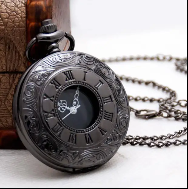 

Vintage black Roman numerals Hollow out Fashion quartz Dual display Necklace pocket watches gift