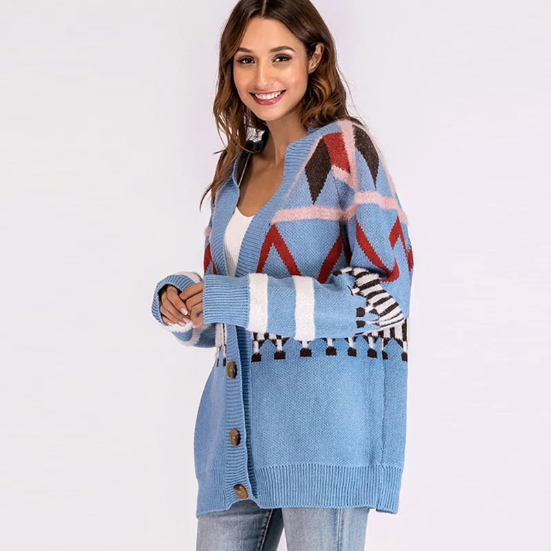 Front Blue Button Loose Fuzzy Long Cardigan Knit Geometric Fashion With Pattern Women Detail Tops Raglan Sleeve Qiuxuan Sweater qUvTF