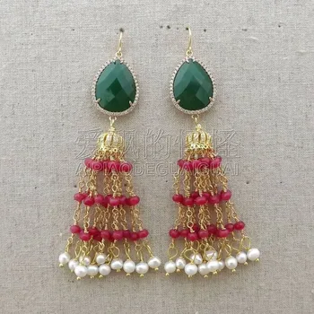 

E082914 White Pearl Red Green Crystal Earrings