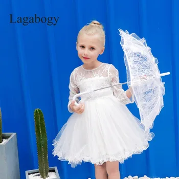 

Lagabogy 2017 Spring Lace Girls Dress Mesh Party Wedding Pageant Pricess Tulle Dress Long Sleeve Birthday Children Clothing TZ30