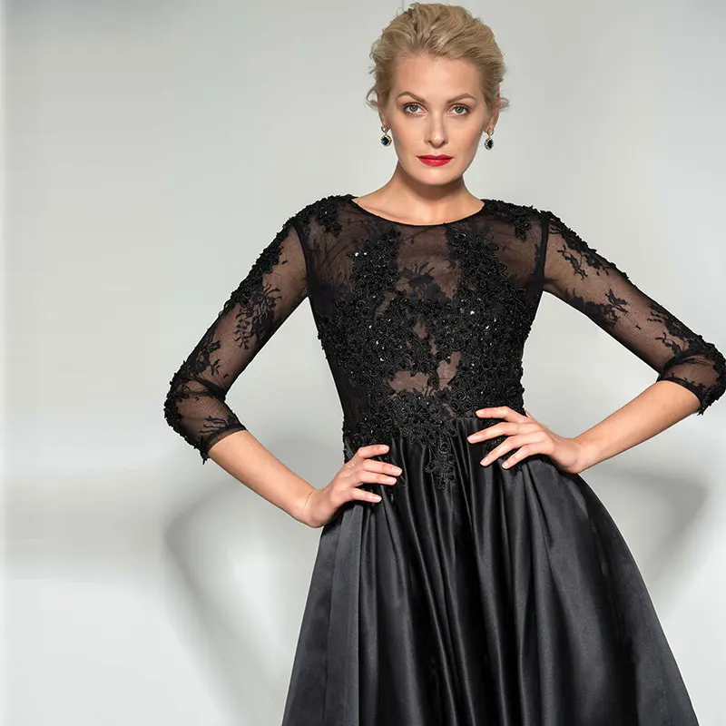 Tanpell Черное вечернее платье с аппликацией из бисера с глубоким вырезом на молнии платье на выпускной на заказ Формальное ТРАПЕЦИЕВИДНОЕ вечернее платье es